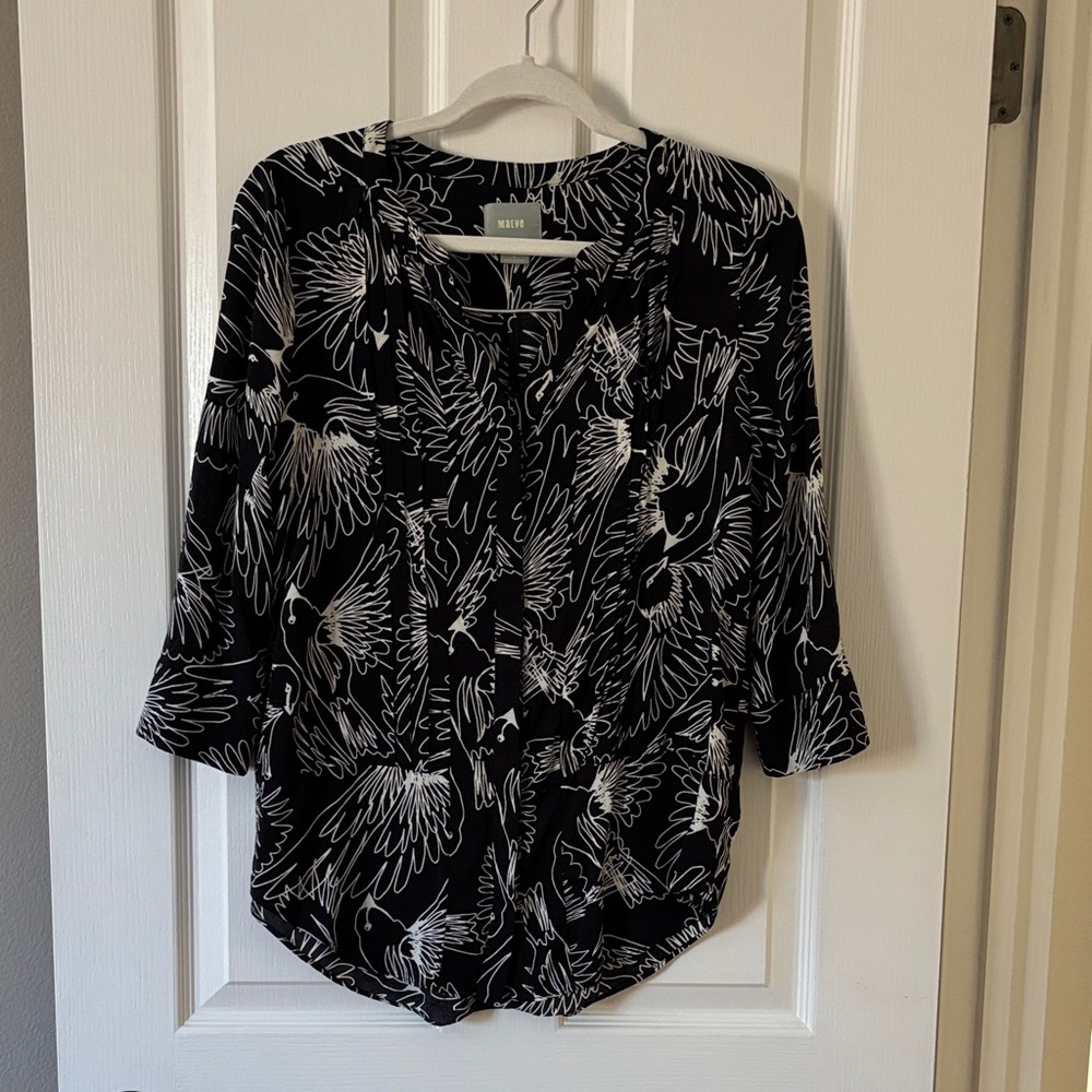 Maeve Black and White Bird Pattern Blouse